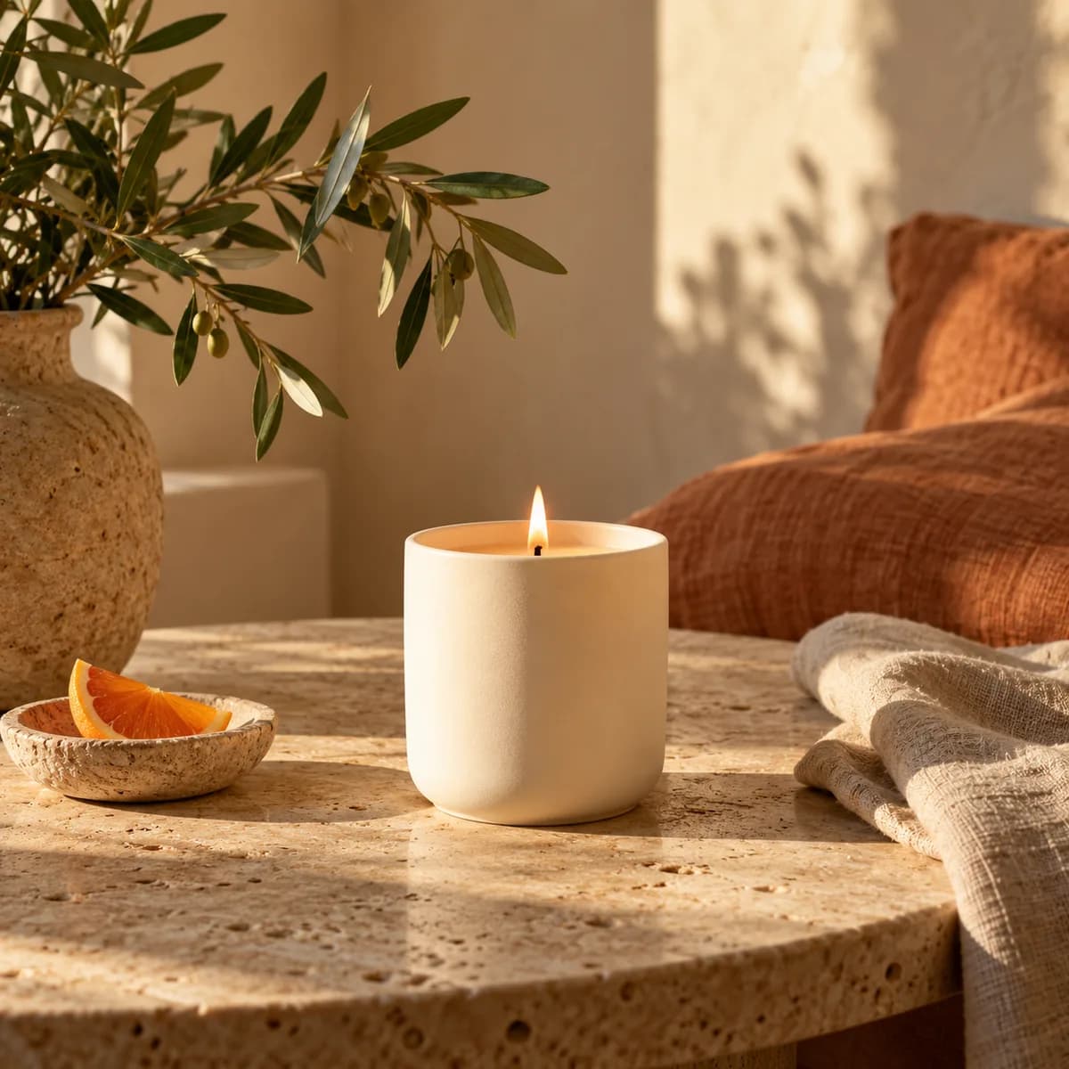 A candle glowing on a stone table in warm afternoon light